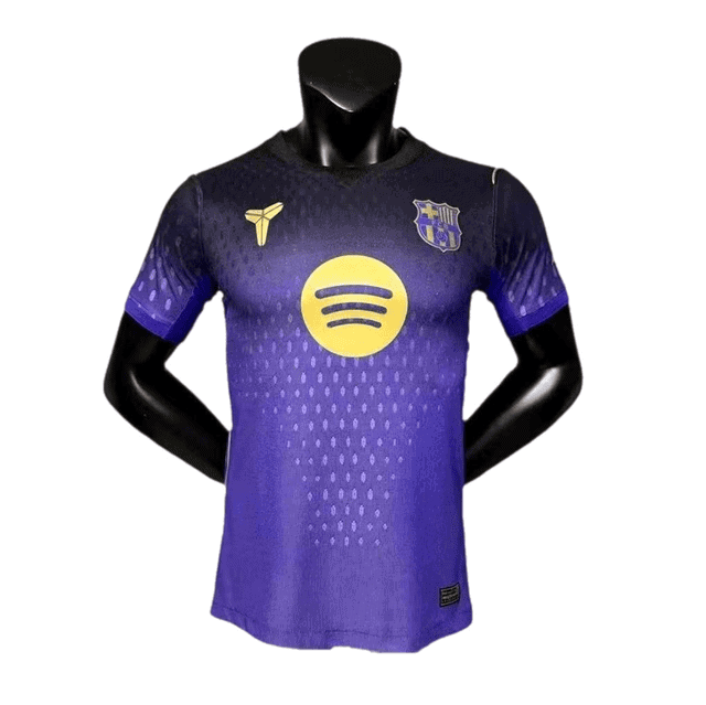 image_2a6487f6-7254-42f5-9c54-47cc1499d316 | AE JERSEY Purple FC Barcelona soccer jersey on a mannequin with a yellow Spotify logo center and club crest on the chest