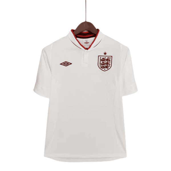 White England national team polo shirt on a hanger, with a maroon English crest on the chest and a red Umbro logo on the left chest.