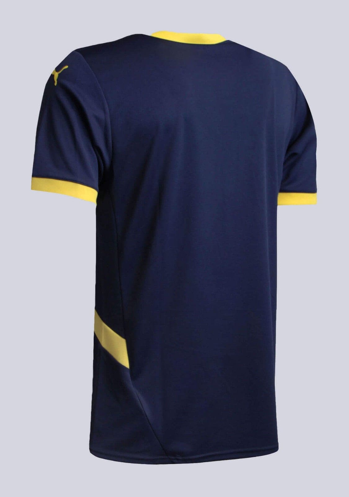 j7m7XlEDNvyCYbc | AE JERSEY Back view of a navy blue athletic jersey with yellow collar and yellow sleeve cuffs; a yellow diagonal stripe along the side.