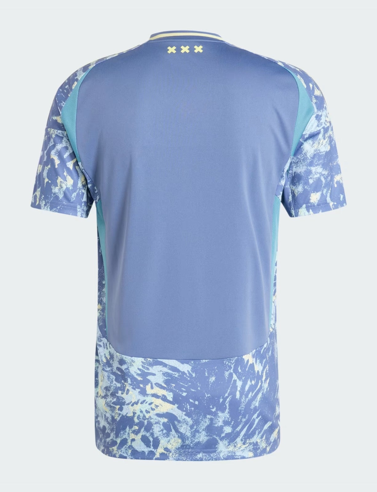 jChofdBQn3W9K1i | AE JERSEY Back view of a blue athletic shirt with a solid blue back panel and teal side panels, water-splash pattern on sleeves and hem, three yellow X marks on the collar area.