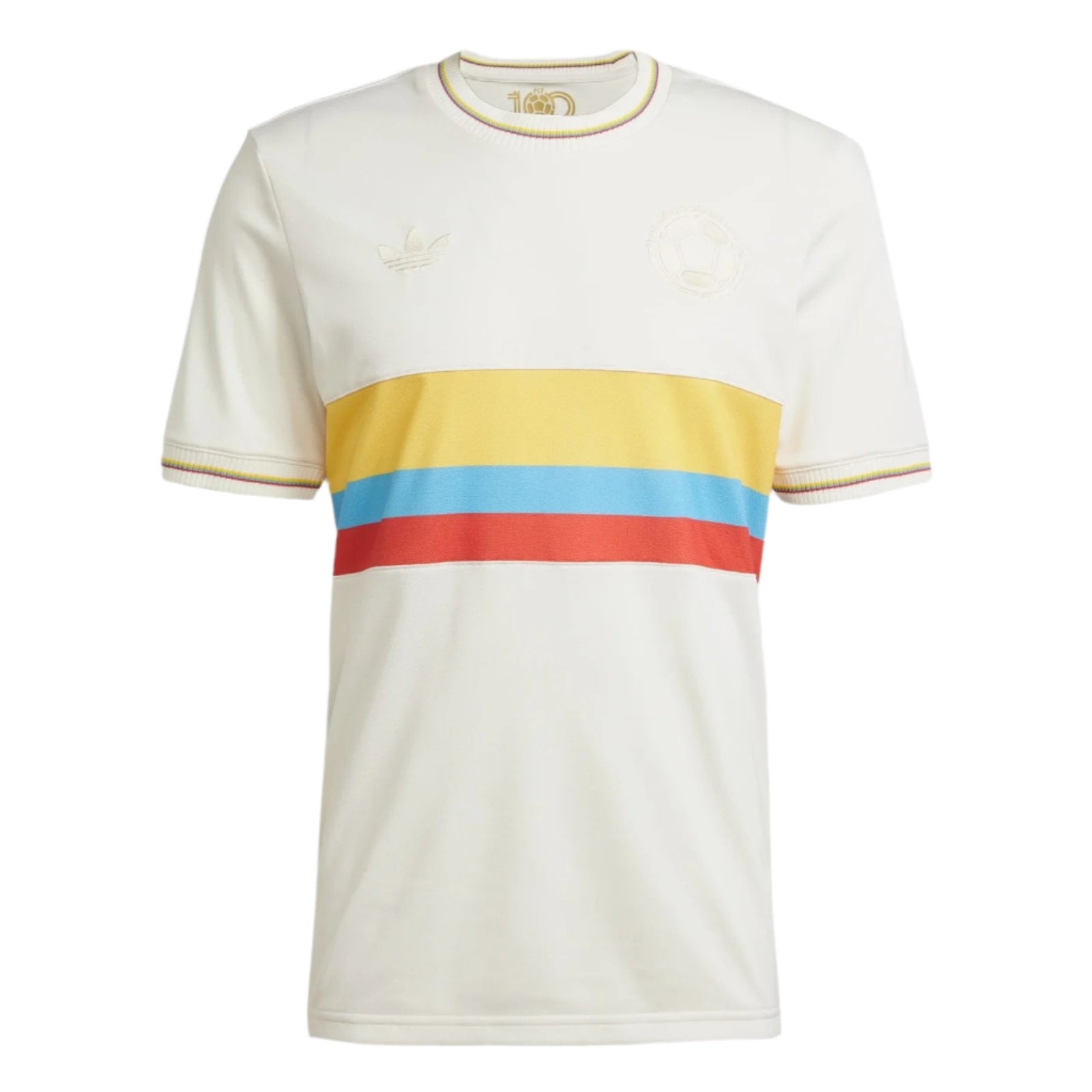 jWv2ezra9SipeAd | AE JERSEY White short-sleeve T-shirt with horizontal yellow, blue, orange, and red stripes across the chest and clockwise multicolor ribbed collar detail; logos on chest.