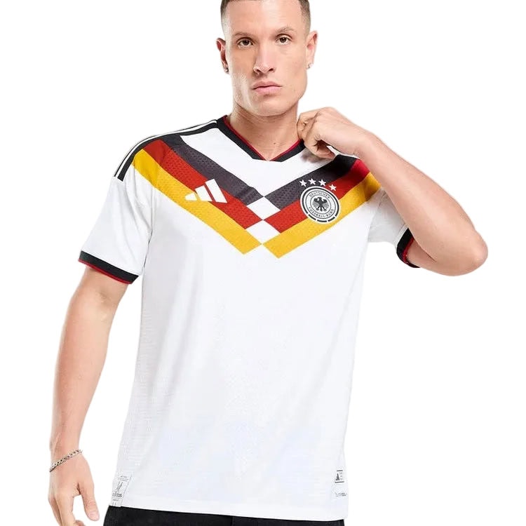 jd_776182_a | AE JERSEY Male model wearing a white Germany national team soccer jersey with black-red-gold chevron pattern and crest on the chest.