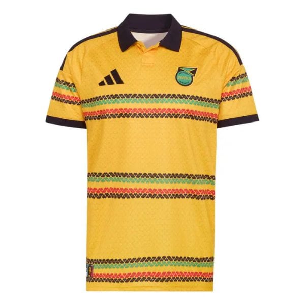 Yellow soccer jersey with black collar and multicolor horizontal stripe patterns; Adidas logo on the right chest and a team crest on the left chest.