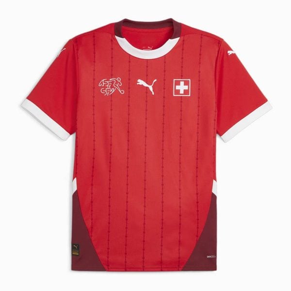 Red football jersey with white-trimmed sleeves and collar, featuring Swiss flag badge, Puma logo, and vertical stripes (Swiss national team kit).