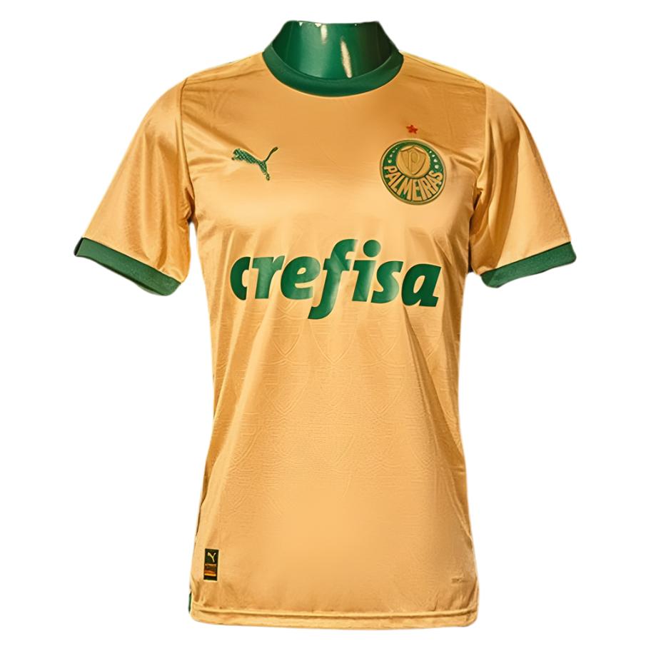 maillot-palmeiras-third-2024-25-8267 | AE JERSEY Gold Palmeiras soccer jersey with green collar and 'crefisa' sponsor across chest.