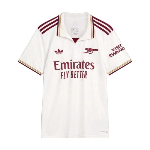 White Arsenal football jersey with maroon trim, featuring Emirates Fly Better sponsor across the chest and Visit Rwanda on the sleeve.