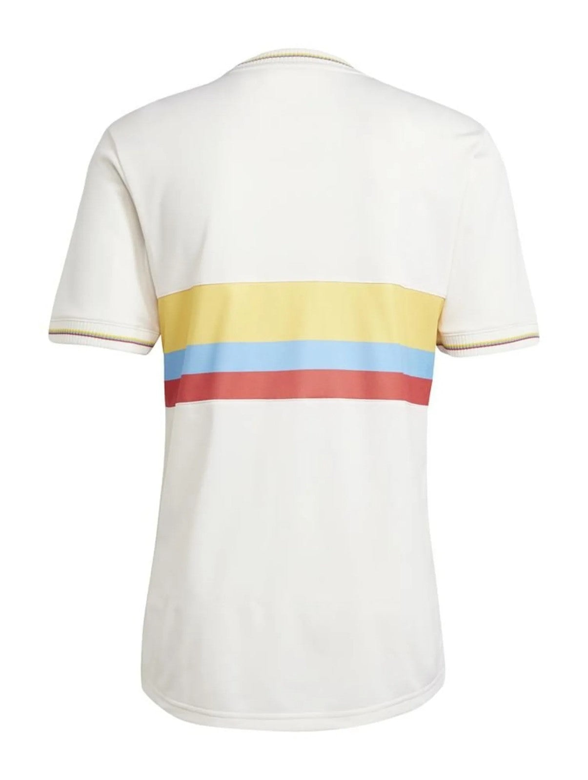 mzKN1U9iEmcNyKO | AE JERSEY Back view of a white short-sleeve T-shirt with three horizontal stripes in yellow, blue and red across the mid-back