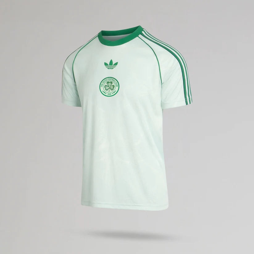 p-12932-b | AE JERSEY Light green soccer jersey with dark green piping, three stripes on the shoulders, and a circular club crest on the chest.