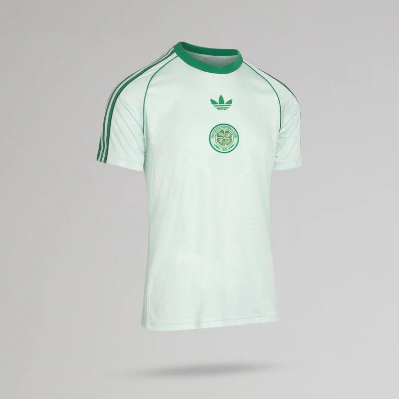 p-12932-c | AE JERSEY Light mint-green Adidas football jersey with dark green collar, three stripes on the sleeves, and a circular club crest on the chest