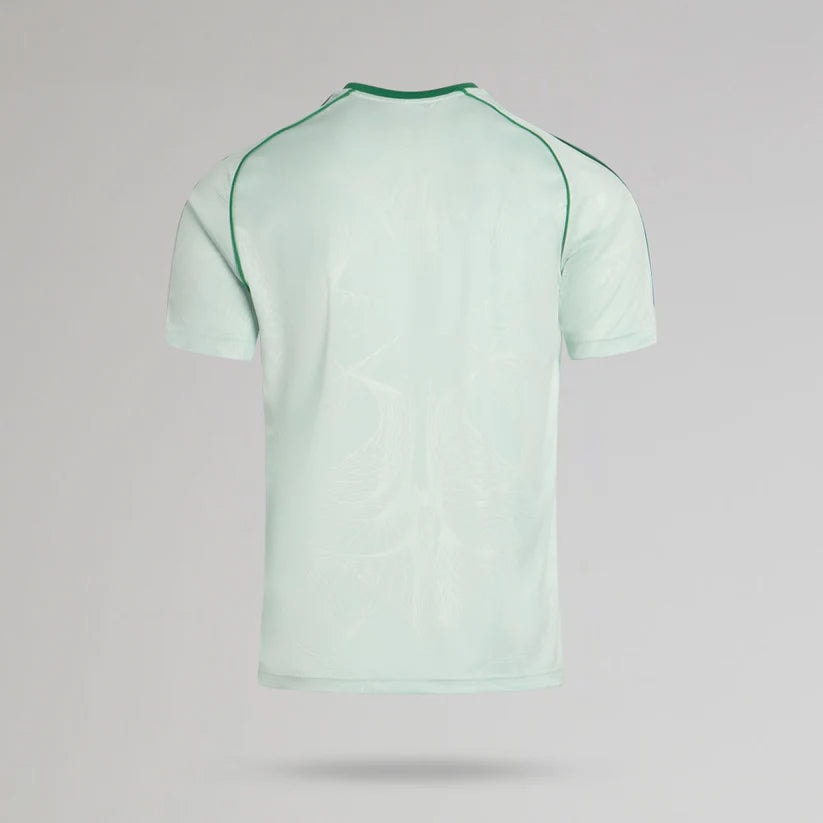 p-12932-d | AE JERSEY Back view of a light green T-shirt with green piping along the shoulders and seams.