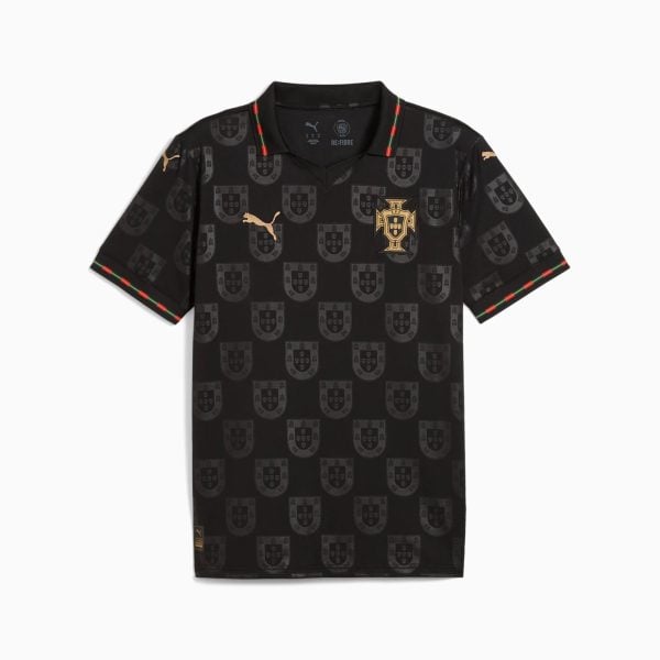 Black Portugal soccer jersey with repeating crest pattern, gold team crest on chest, and red-green trim at collar and cuffs.