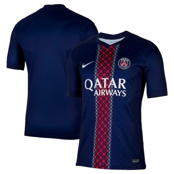Two-part image of a navy Paris Saint‑Germain football jersey: the front shows a red lattice stripe, PSG crest, and Qatar Airways sponsor; the back is plain navy.