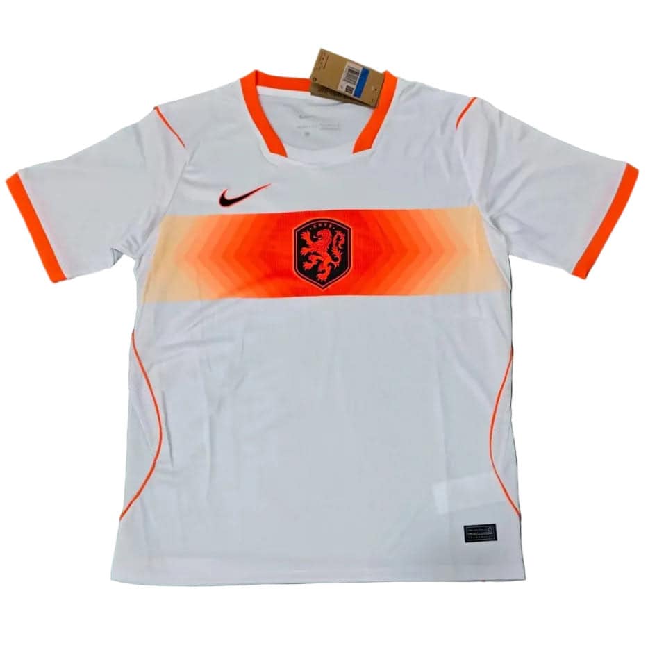 qc-netherlands-away-2026-world-cup-jersey-fan-version-from-v0-pa3wbfh4e0og1 | AE JERSEY White Netherlands soccer jersey with orange chevron stripe across the chest, black Nike swoosh, and orange-trimmed sleeves and collar.