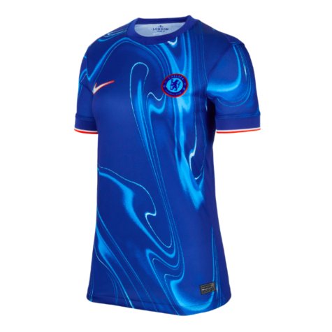 Chelsea FC women's blue soccer jersey with abstract swirl pattern, Nike swoosh, and team crest on chest