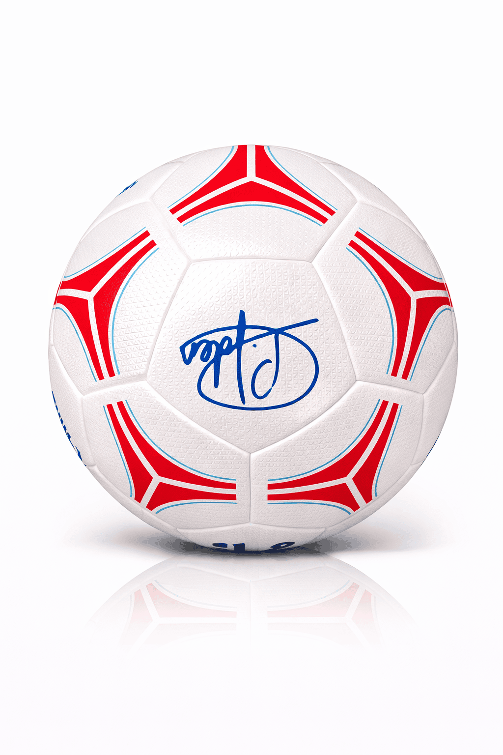 rn-image_picker_lib_temp_07f17d50-012a-4159-b44a-3189c3d0ec4c | AE JERSEY White soccer ball with red geometric panels and a blue signature-style logo, on a white reflective surface, front view to highlight design.