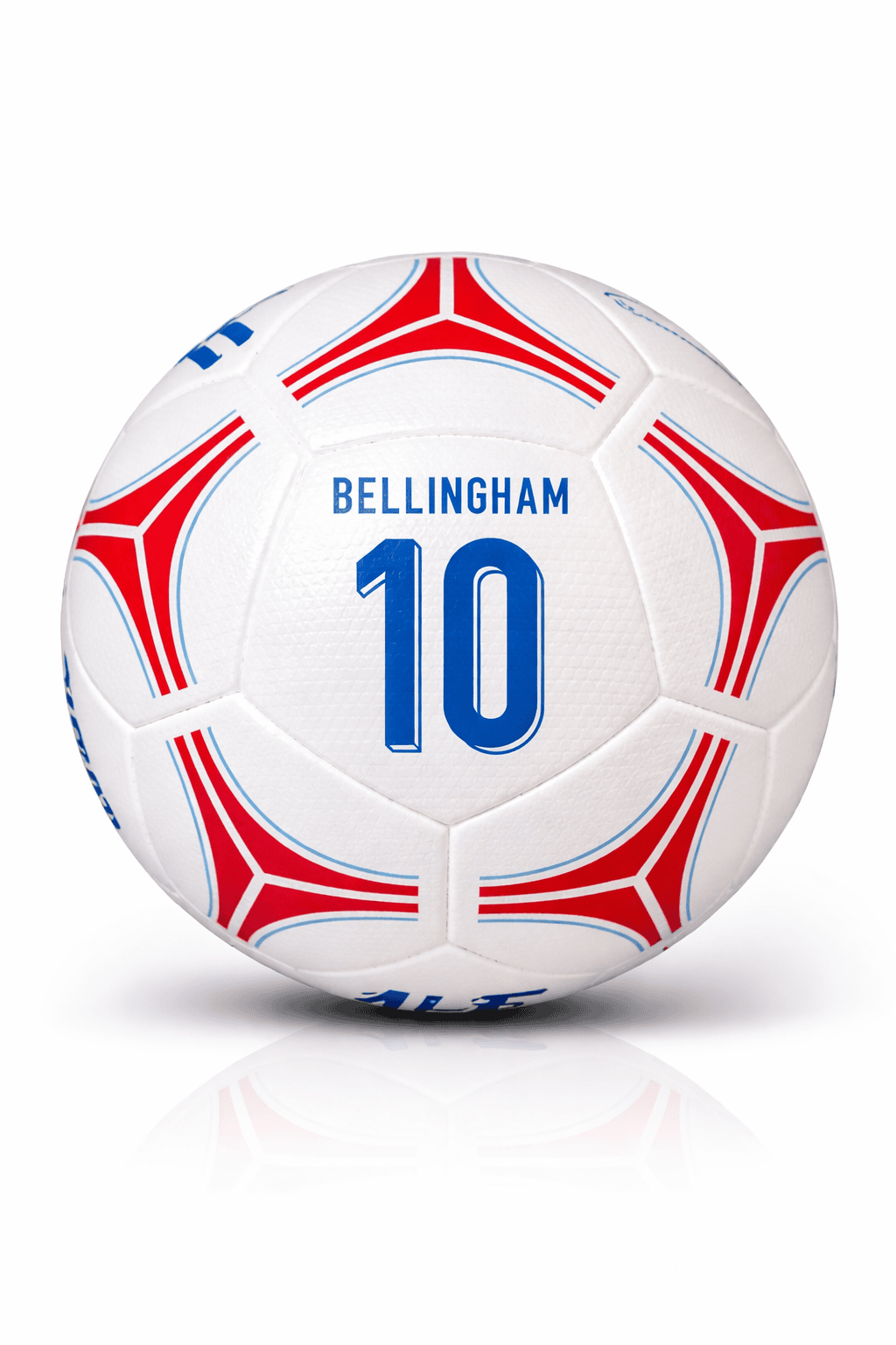 rn-image_picker_lib_temp_0ce04589-6606-4e5f-9092-b67716e05c33 | AE JERSEY White soccer ball with red and blue geometric patterns, labeled 'BELLINGHAM' and the number 10