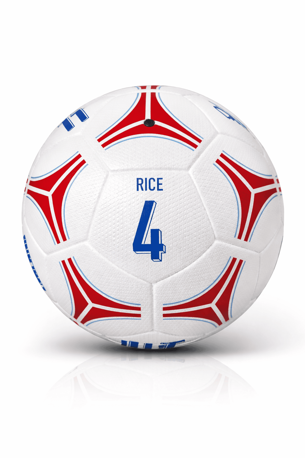 rn-image_picker_lib_temp_1de7f1ff-e733-4992-a81b-50b66cfc90a1 | AE JERSEY White soccer ball featuring red and blue geometric accents, with the blue number 4 and the word RICE visible.