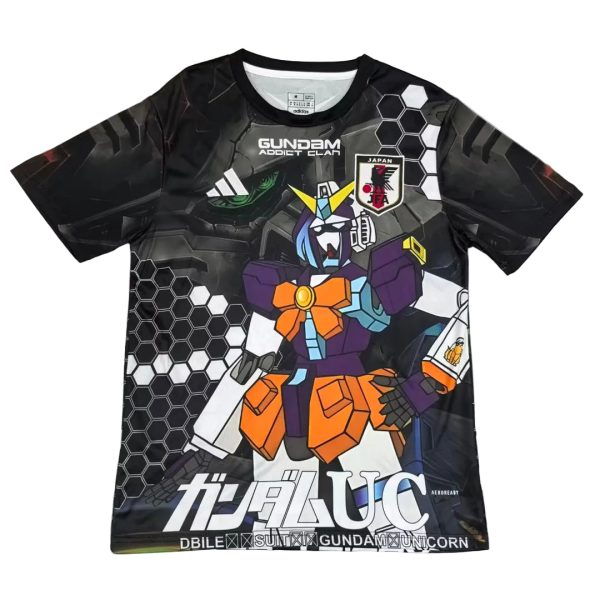 Black T-shirt with a bold, colorful Gundam robot graphic, hexagon patterns, and Japanese text across the bottom.