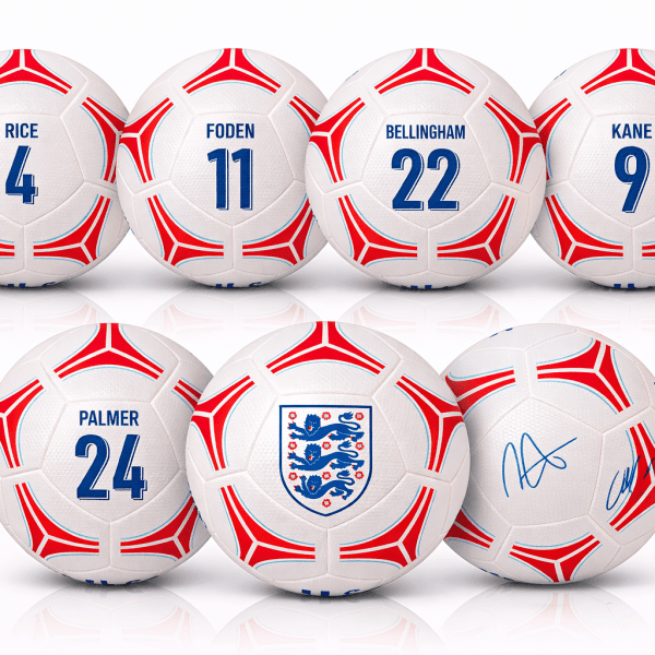 Six footballs with red patterns, blue player names and numbers (Rice 4, Foden 11, Bellingham 22, Kane 9, Palmer 24) and the England crest in the center bottoms.