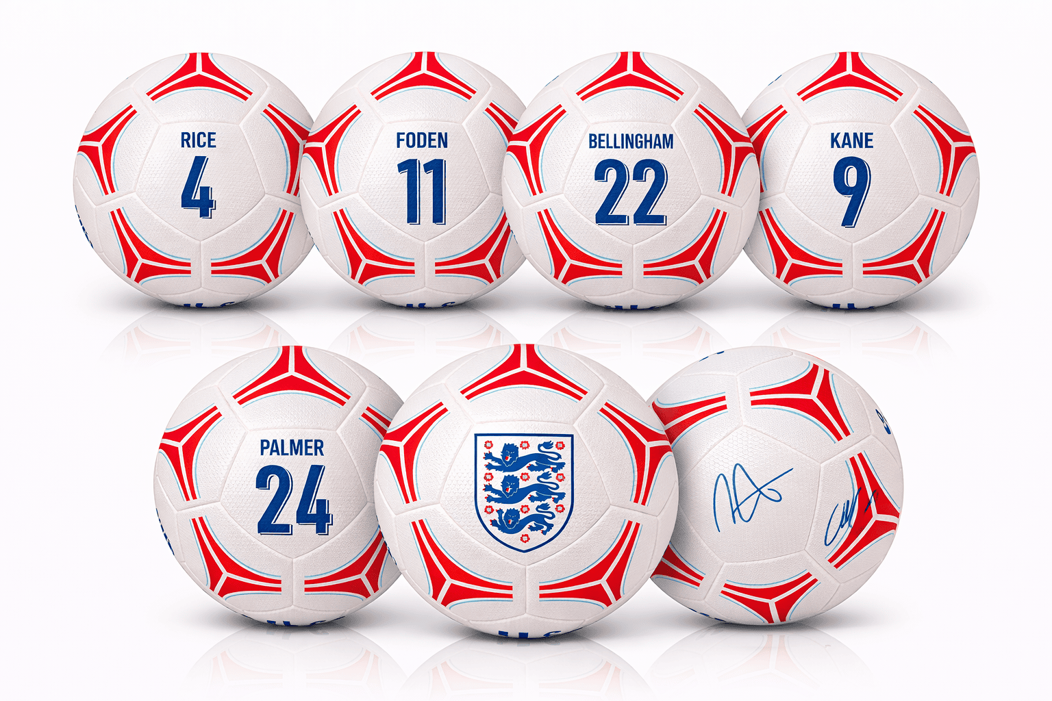rn-image_picker_lib_temp_336df62f-9334-4e32-9060-4b3827430102 | AE JERSEY Six footballs with red patterns, blue player names and numbers (Rice 4, Foden 11, Bellingham 22, Kane 9, Palmer 24) and the England crest in the center bottoms.