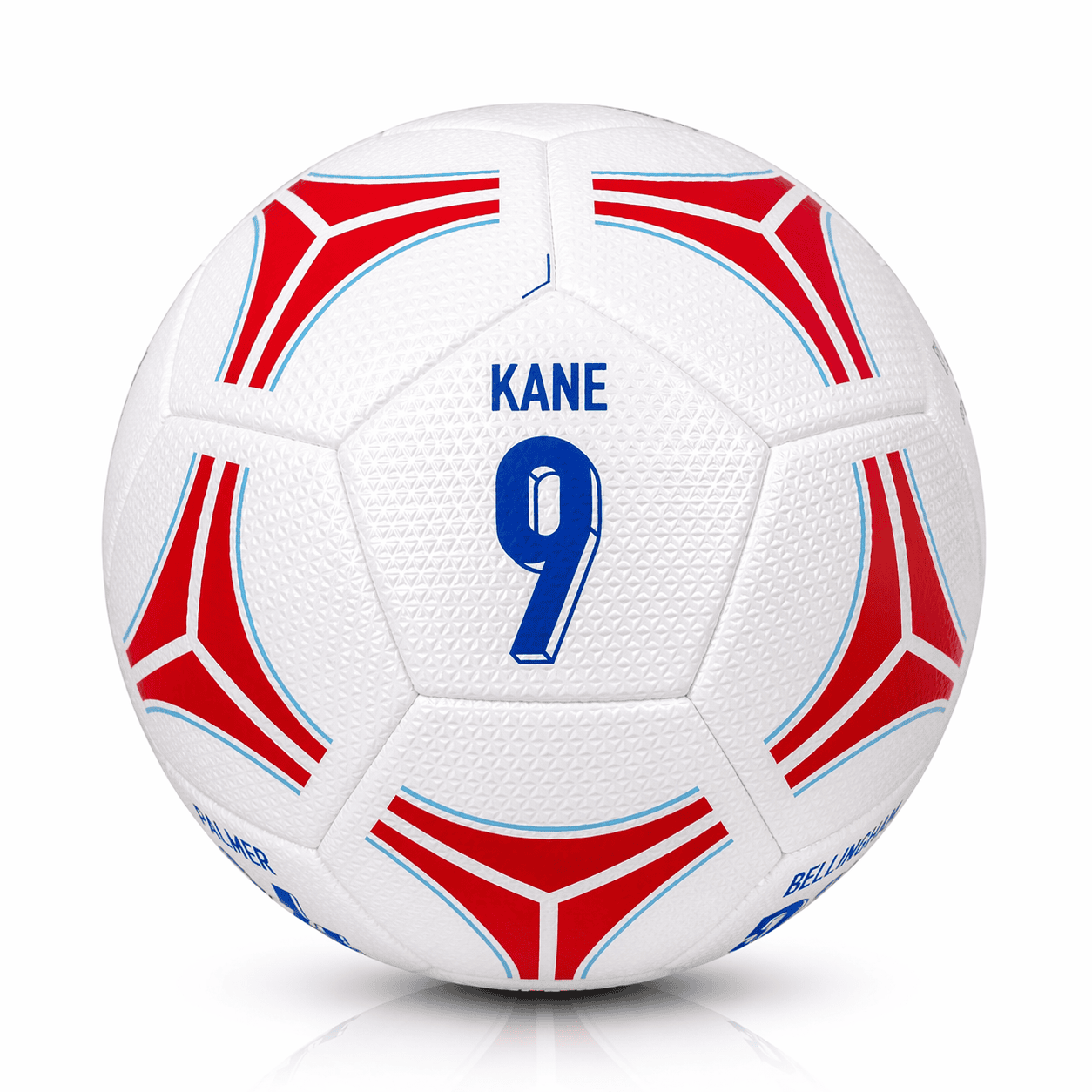 rn-image_picker_lib_temp_5bd534d0-0228-4ba5-a980-84c7fd5336f8 | AE JERSEY White soccer ball featuring blue 'KANE' and the number 9 with red and blue geometric accents, close-up view