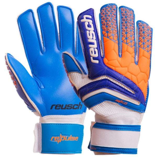 Pair of blue and orange Reusch goalkeeper gloves with Velcro wrist straps laid flat on a white background.
