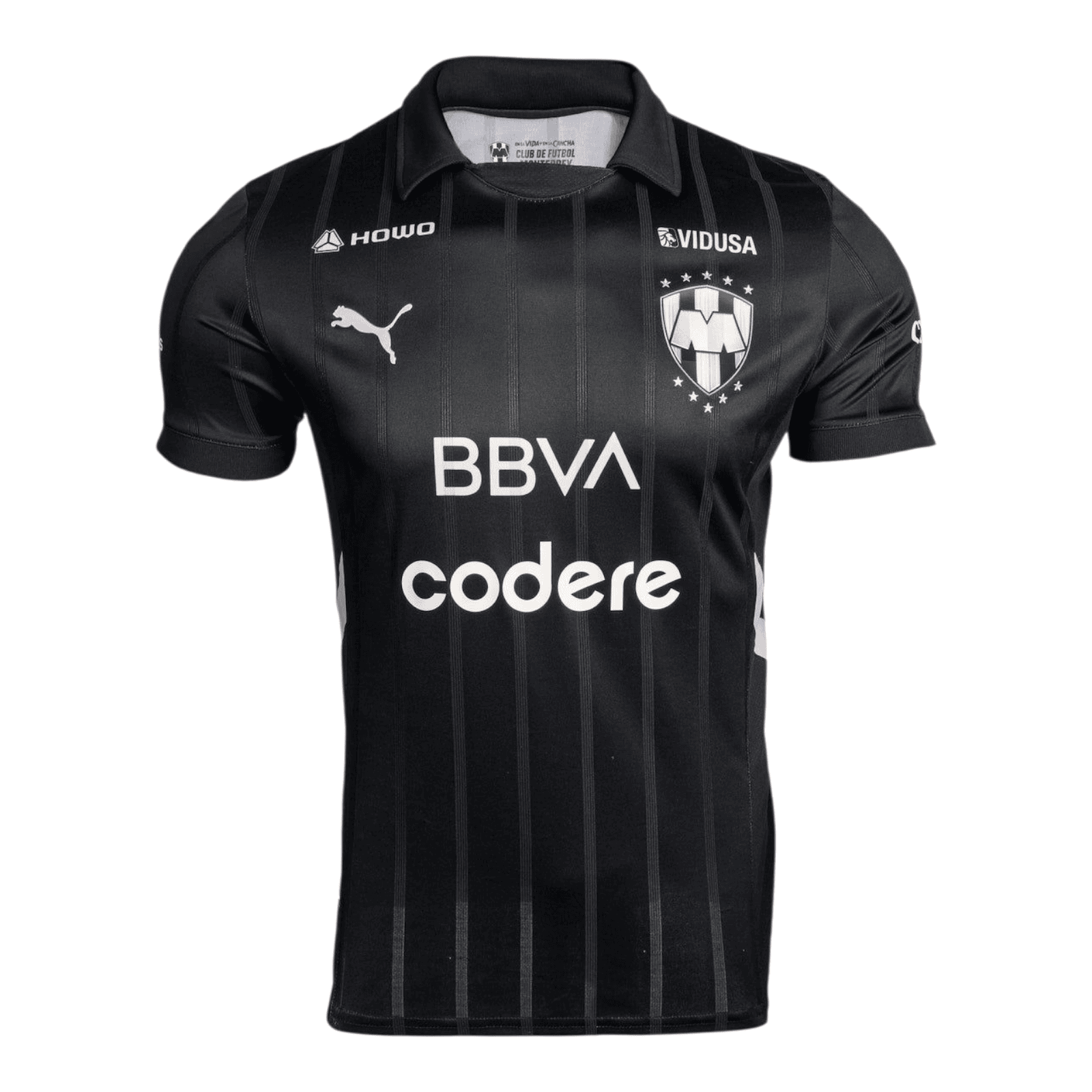 rn-image_picker_lib_temp_62a5acff-f3aa-4975-90d2-39bf6cec954b | AE JERSEY Black pinstriped soccer jersey with a polo collar displaying the club crest on the left chest and sponsor logos (BBVA and codere) across the front; Puma logo on the right chest.