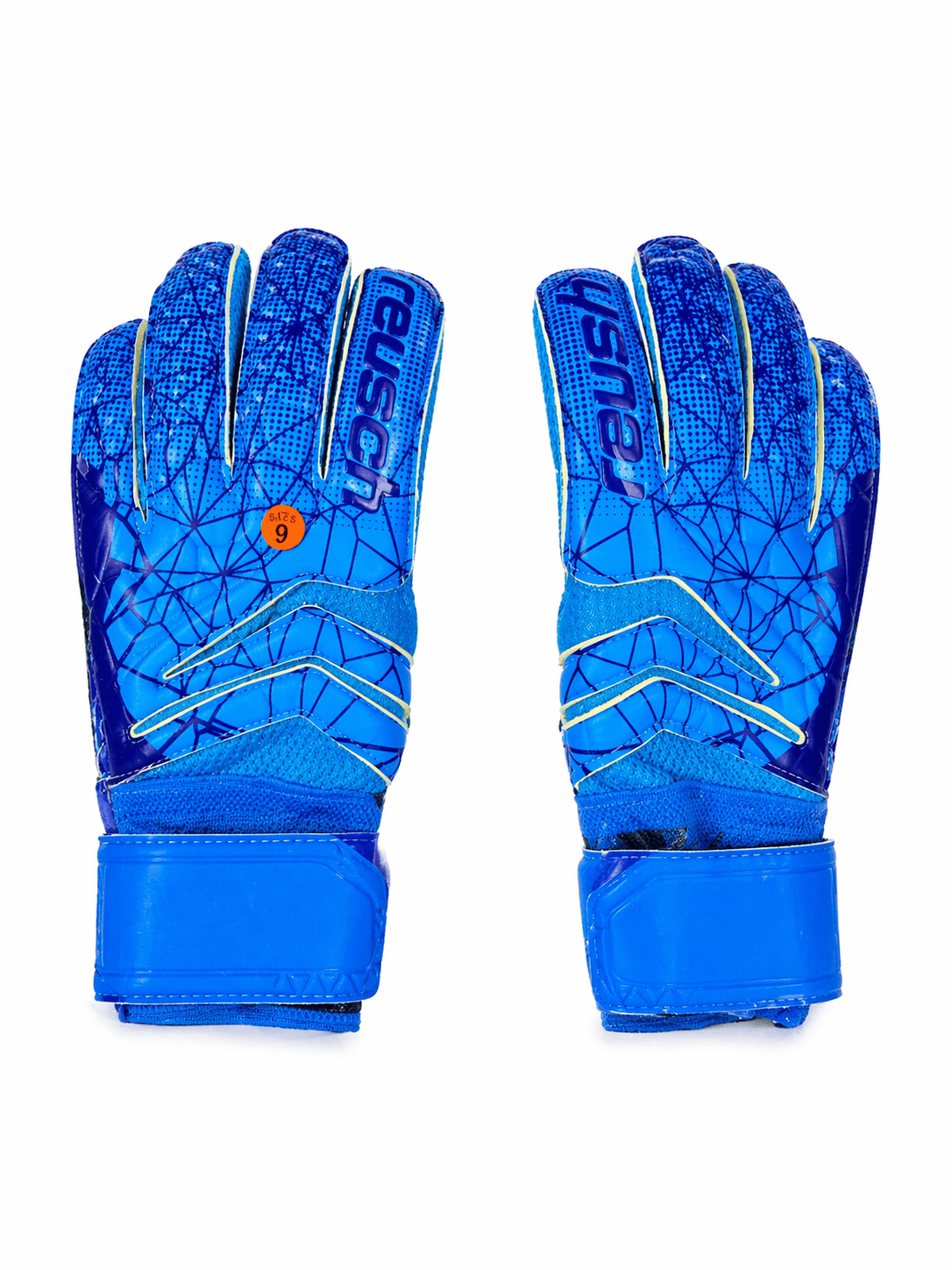 rn-image_picker_lib_temp_639ad003-24ff-4357-9cd3-755b72253990 | AE JERSEY Pair of blue goalkeeper gloves with a geometric pattern and yellow trim, shown from the front.