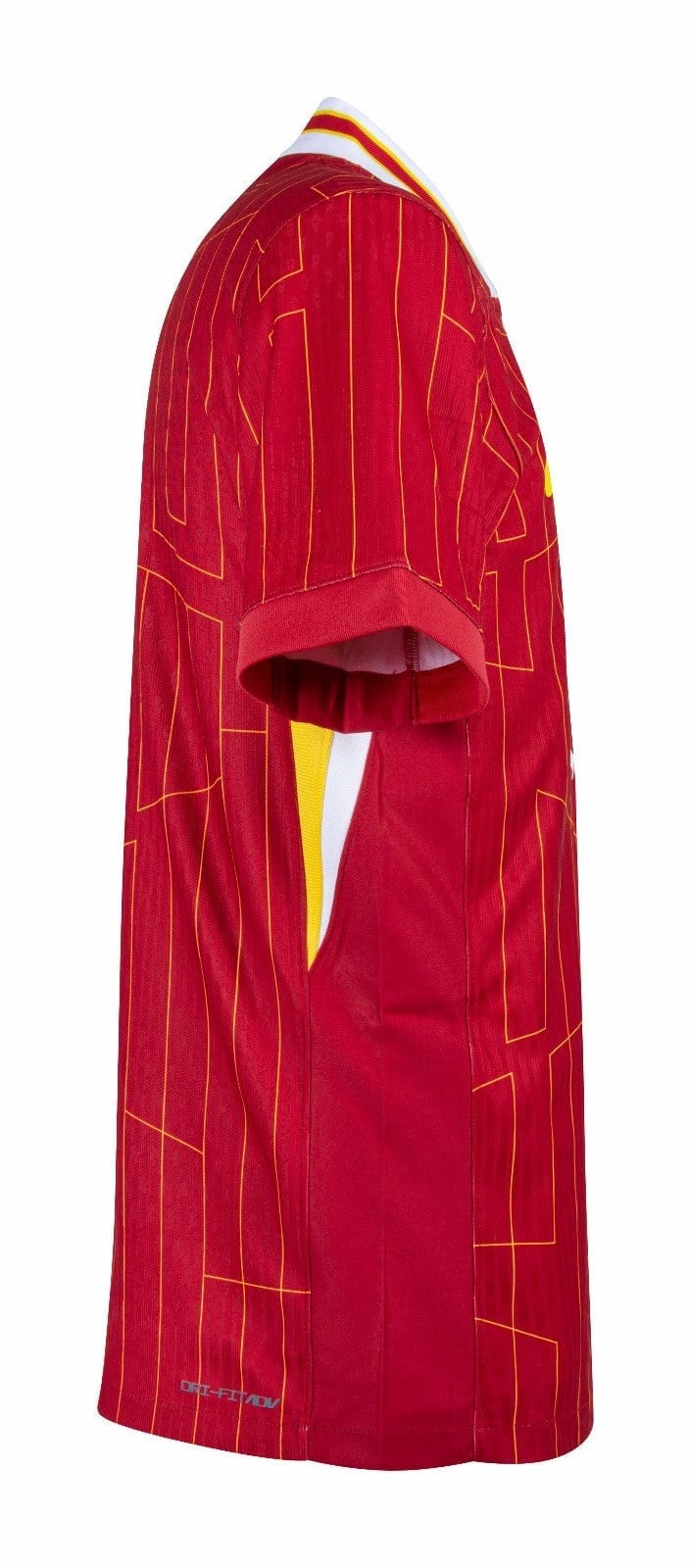 rn-image_picker_lib_temp_72a13f90-ee86-4473-bdae-9a4482eec65a | AE JERSEY Red athletic polo/shirt with an orange geometric stitch pattern and white-striped collar, shown from the side.