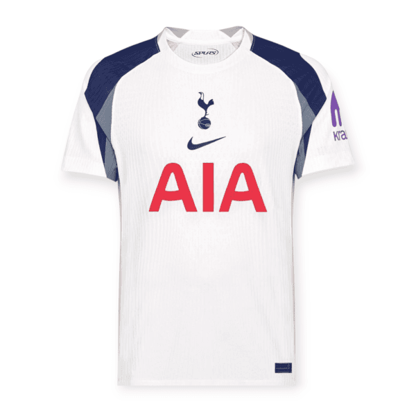White Tottenham Hotspur football jersey with navy sleeves and AIA sponsor on the front.