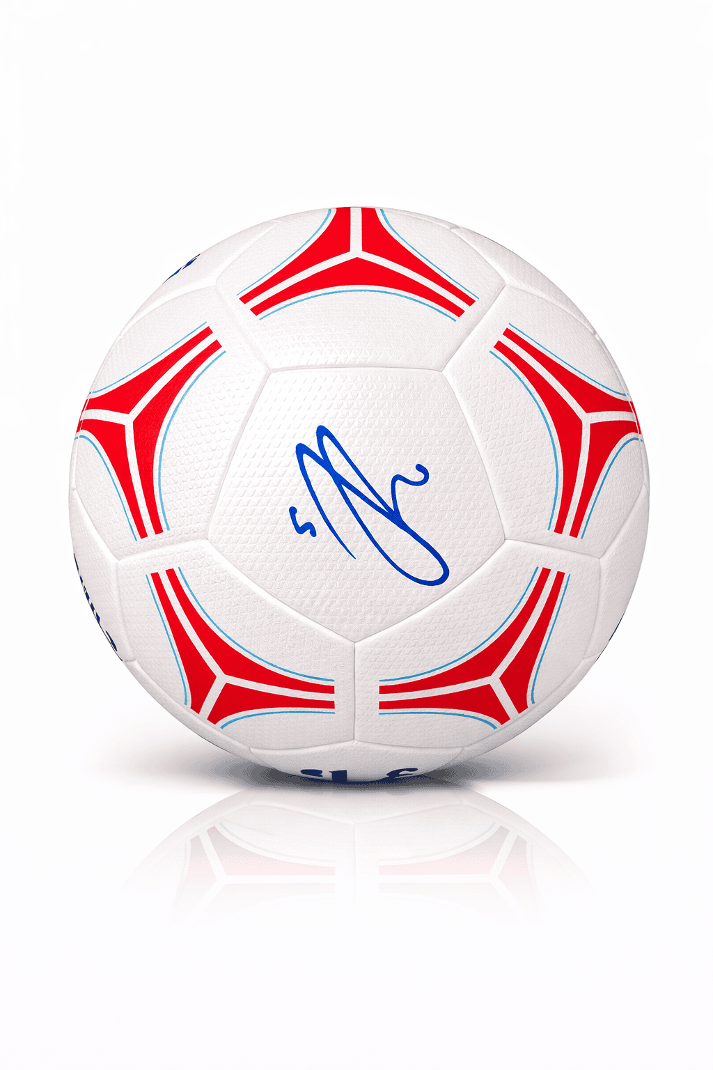 rn-image_picker_lib_temp_7783fbef-f326-4b7c-bb79-2d116430f1f6 | AE JERSEY White soccer ball with red and blue geometric panels and a blue autograph in the center.