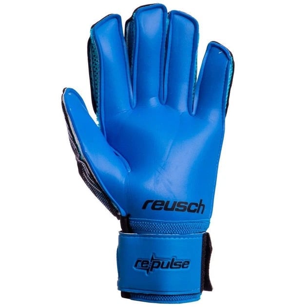 rn-image_picker_lib_temp_78ce560f-5be6-4435-84de-dbab38847e0a | AE JERSEY Blue goalkeeper glove with Velcro wrist strap, branded 'Reusch' on the backhand edge and cuff patch.