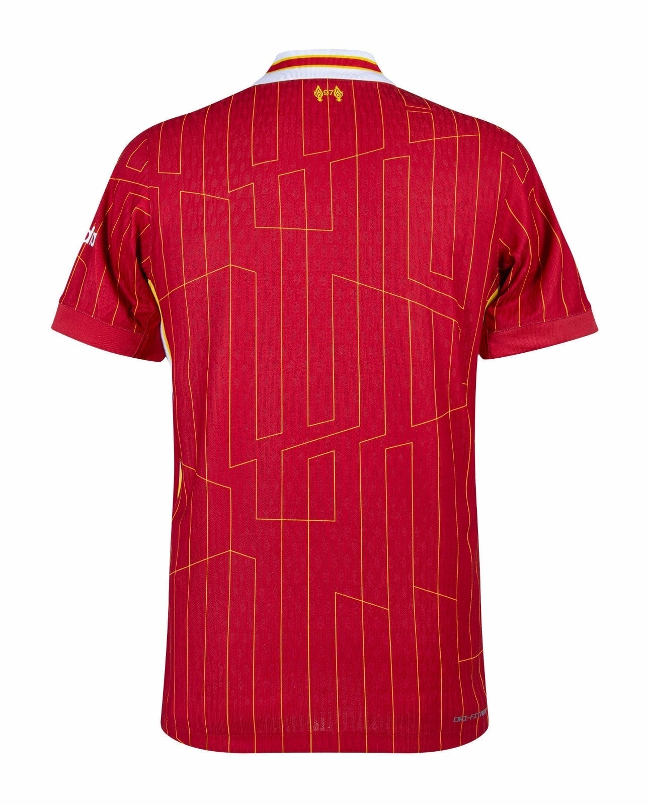 rn-image_picker_lib_temp_86887c09-b409-4d83-b9f9-7e2f6a8fe1d3 | AE JERSEY Back view of a red polo shirt with a slim yellow geometric line pattern and a striped white collar with red and yellow accents.