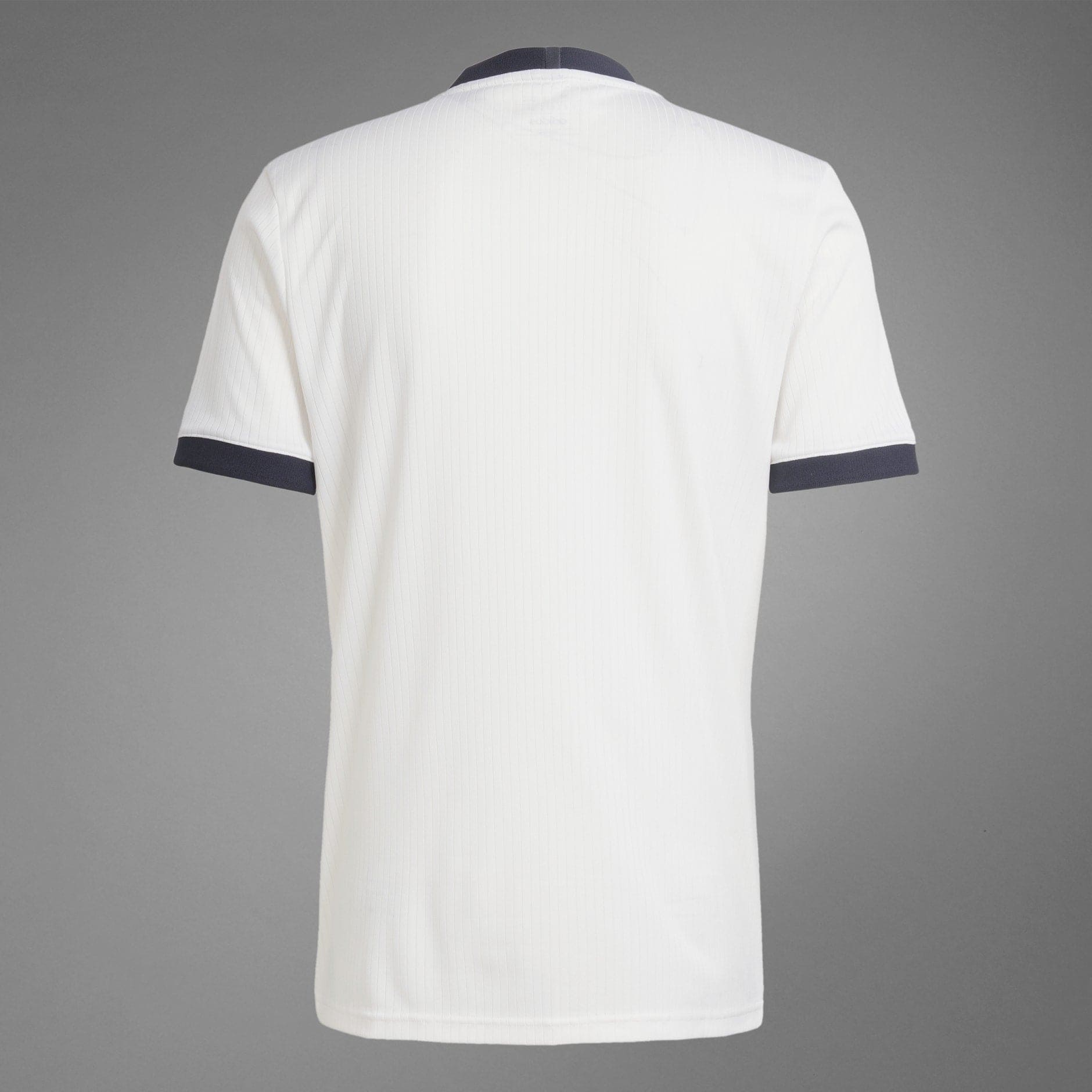 rn-image_picker_lib_temp_8c4da915-efc6-46b0-87ff-bd05d8a63027 | AE JERSEY Back view of a white pinstriped polo shirt with navy sleeve trim against a gray background.