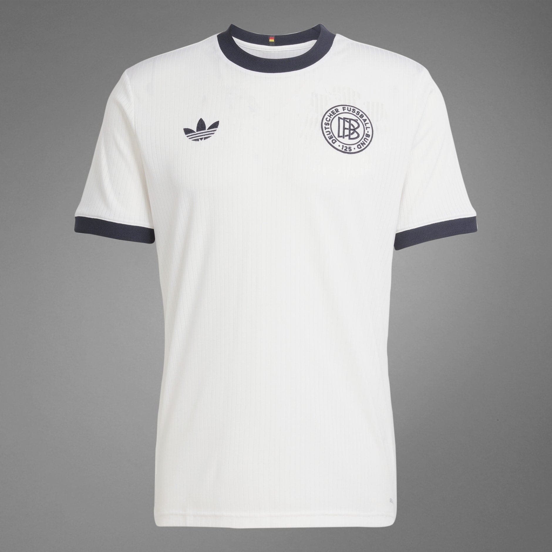 rn-image_picker_lib_temp_921dd33a-44fc-47fa-a8c5-d69287515123 | AE JERSEY White polo shirt with navy ribbed collar and cuffs, Adidas trefoil logo on left chest and a circular crest on the right reading 'Deutscher Fussball-Bund' (Germany)