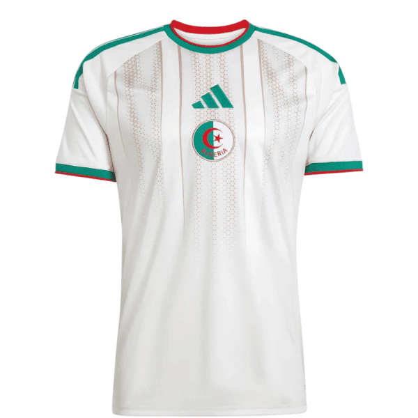 White Algeria national football team jersey with green trim and red accents.