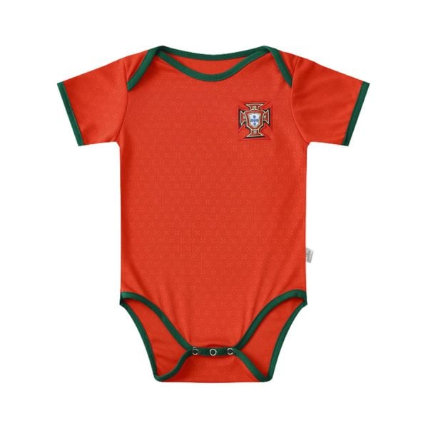Red baby onesie with green trim and a Portugal crest on the chest, snap closures at the bottom.