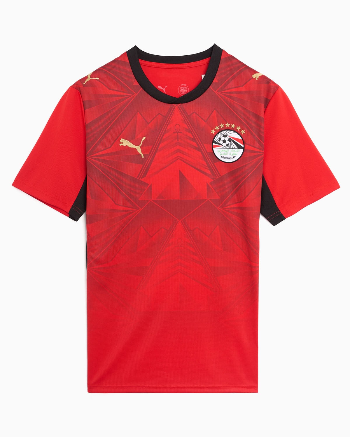 rn-image_picker_lib_temp_a718dbc8-247a-48f2-920c-84ce150845cd | AE JERSEY Red short-sleeve soccer jersey with black collar, features geometric pattern and the Egyptian Football Association crest on the chest, plus a gold Puma logo on the opposite shoulder.