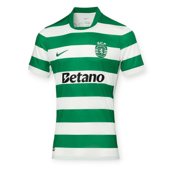 Green and white striped soccer jersey with crest reading 'SCP Sporting Portugal' and sponsor 'Betano' visible on chest.