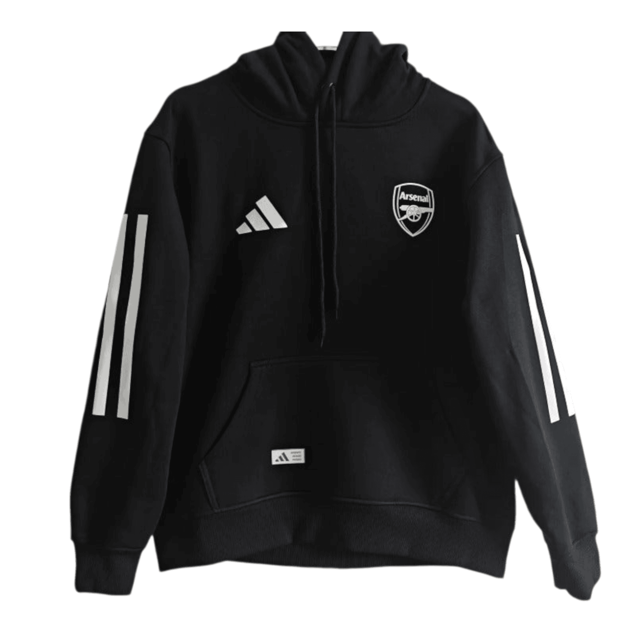 rn-image_picker_lib_temp_c2f3427a-b0b8-4da5-94b1-7eb7dc0fae44 | AE JERSEY Black Arsenal hoodie with Adidas logo and white stripe details on sleeves, front pocket visible.