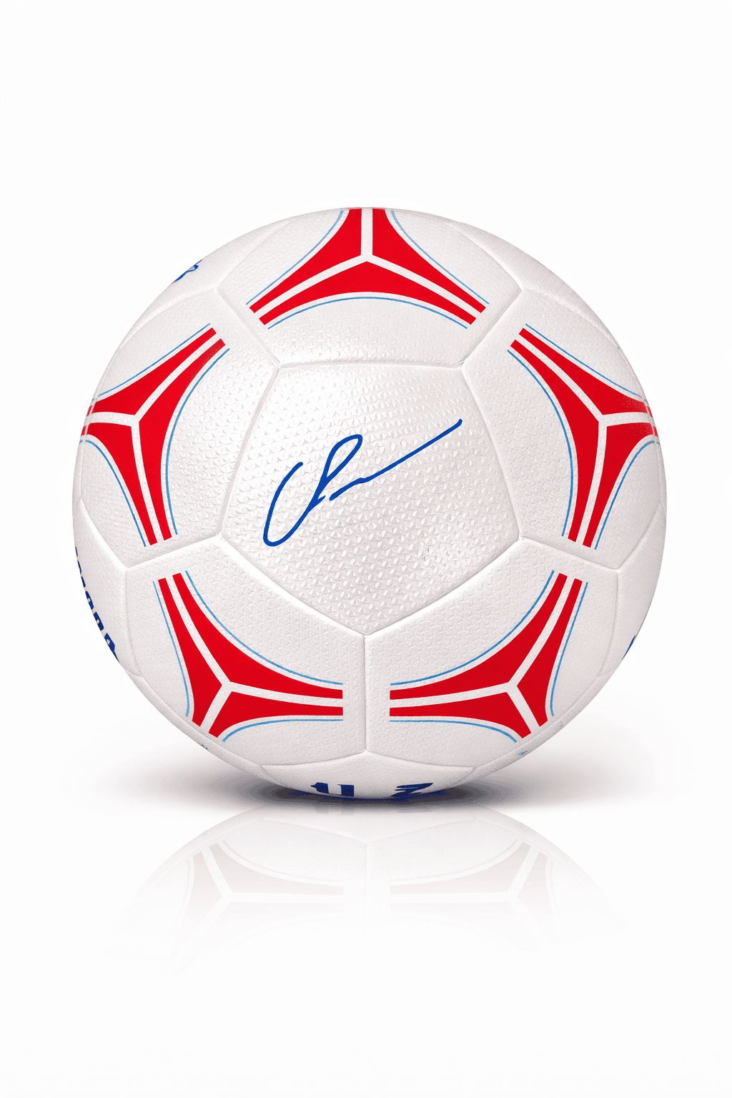 rn-image_picker_lib_temp_c6a86f79-1352-4493-9231-3f0fe0b44dbd | AE JERSEY White soccer ball with red and blue decorative panels and a blue autograph on a central panel.