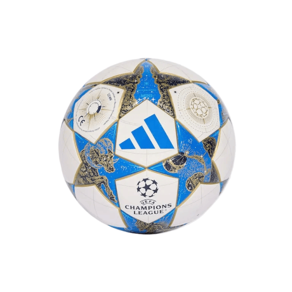 rn-image_picker_lib_temp_c787c909-7fc0-4adf-82e3-913711587656 | AE JERSEY Soccer ball with blue and white panels featuring the Adidas logo and UEFA Champions League crests (final ball design)