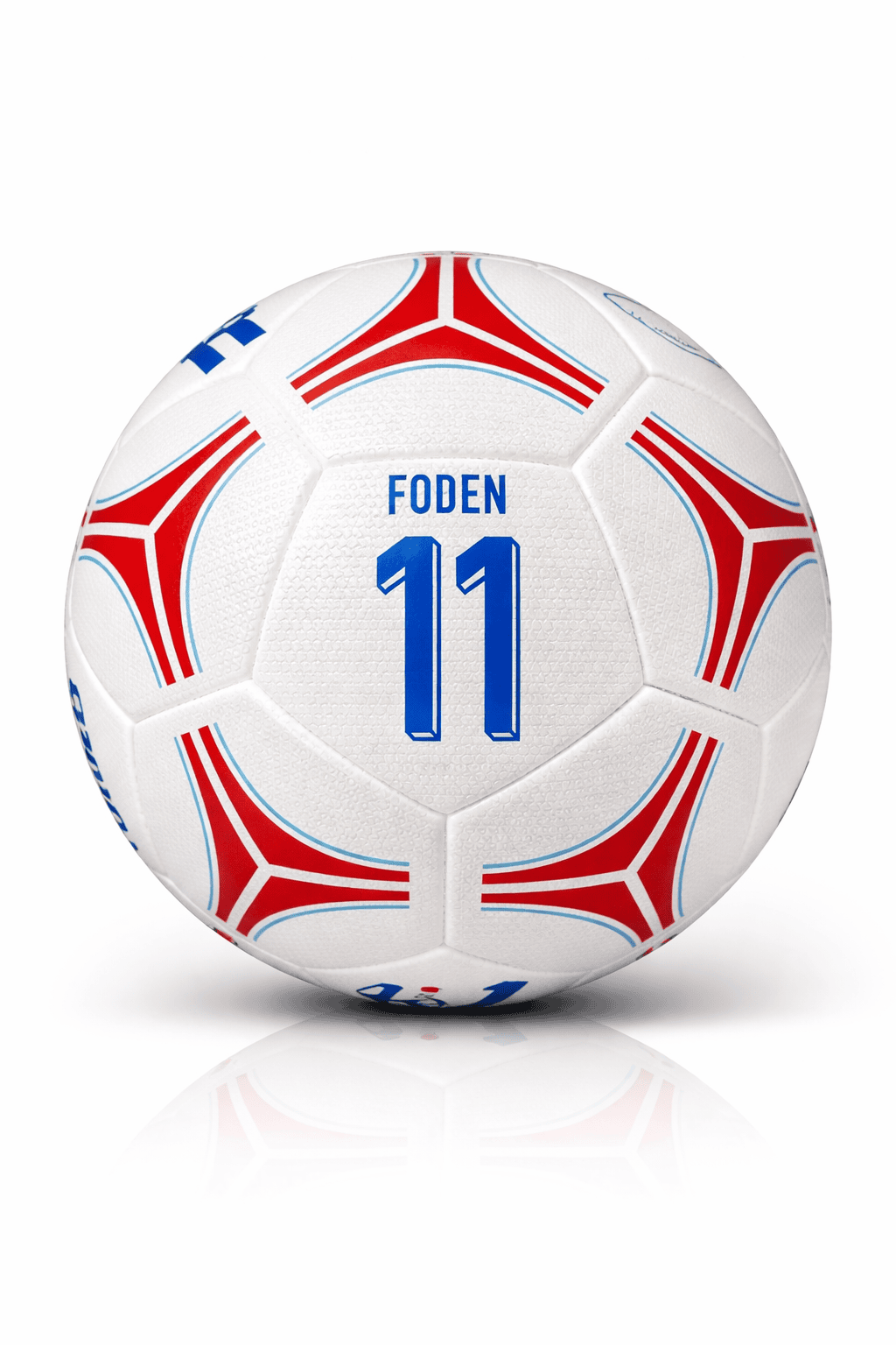 rn-image_picker_lib_temp_ccb9a567-3c65-4f14-9c66-65fd2030b3e6 | AE JERSEY Soccer ball with blue 'FODEN' and the number '11' in blue, white with red and blue accents, reflecting on a surface.