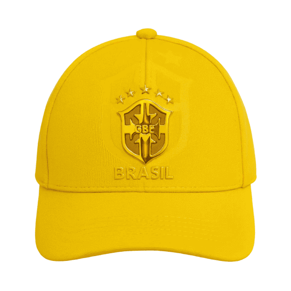 Bright yellow cap featuring a raised Brazil crest and five stars, with the word BRASIL beneath it.