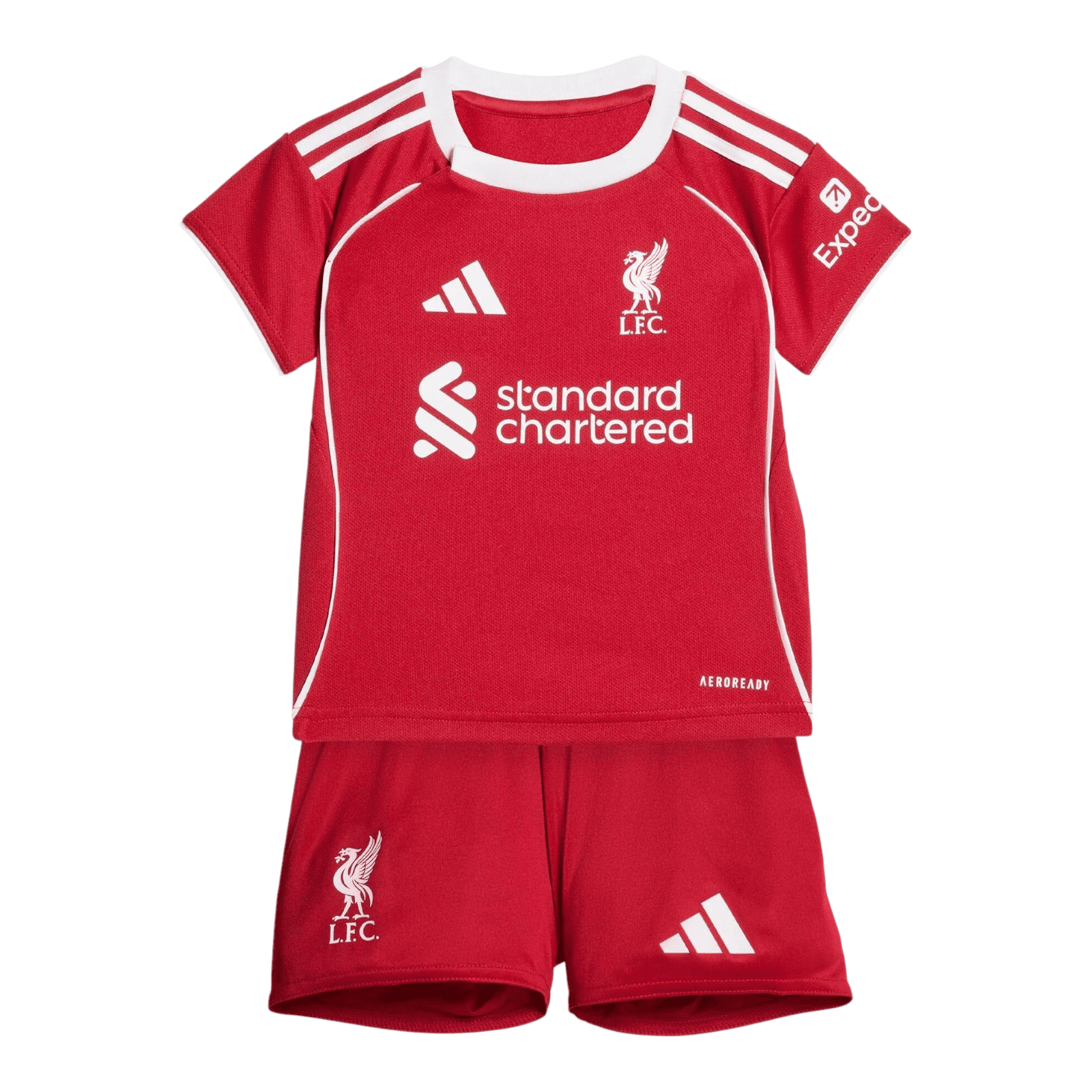 rn-image_picker_lib_temp_f5a17651-c1a2-48a6-8982-eff87a278f45 | AE JERSEY Red Liverpool FC soccer jersey with white trim, Adidas logo, LFC crest, and Standard Chartered sponsor; red shorts with LFC crest.