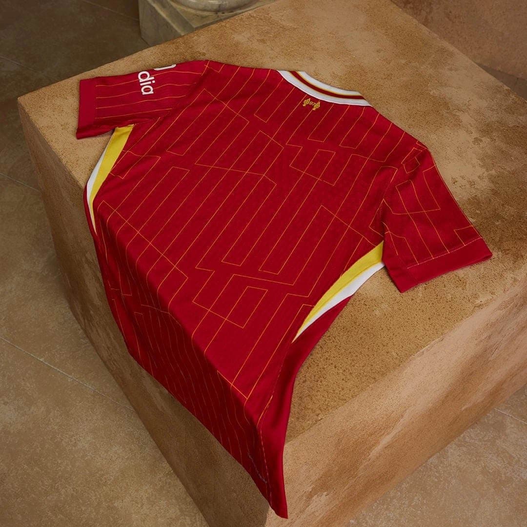 rn-image_picker_lib_temp_f6e7cc95-f88c-4d11-91eb-7d82d59faa5c | AE JERSEY Red sports jersey with thin yellow geometric lines, white and yellow side panels, laid flat on a brown stone block (viewed from above). Note the Adidas branding on the sleeve edge.