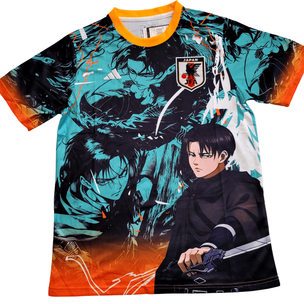 Anime-themed soccer jersey with teal and orange gradient; features two characters and a Japan JFA crest.