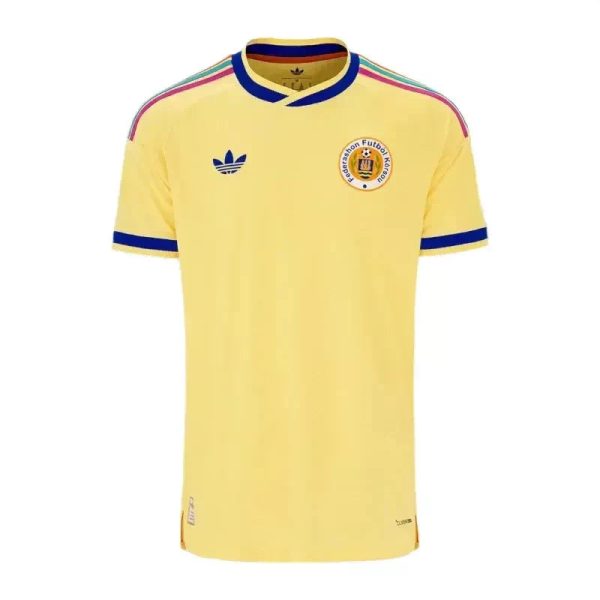 Yellow football jersey with blue Adidas logo and crest on the chest, short sleeves with blue trim and multicolor shoulder stripes