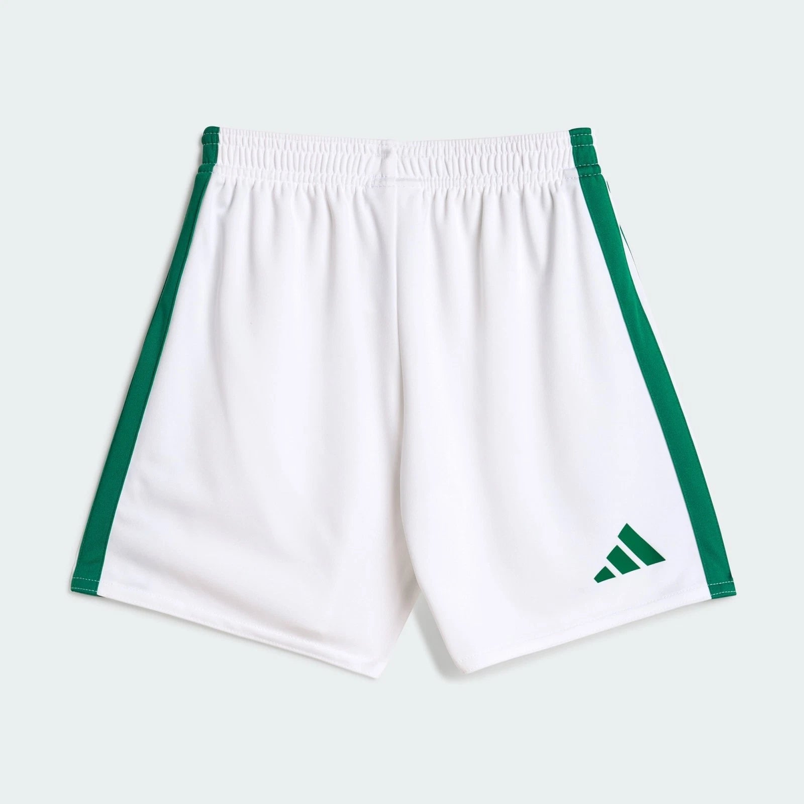 s-l1600_5_e647eb2d-2d63-47c8-8003-c56ac5a660fc | AE JERSEY White athletic shorts with green side piping and an elastic waistband; small green logo near the bottom right leg.