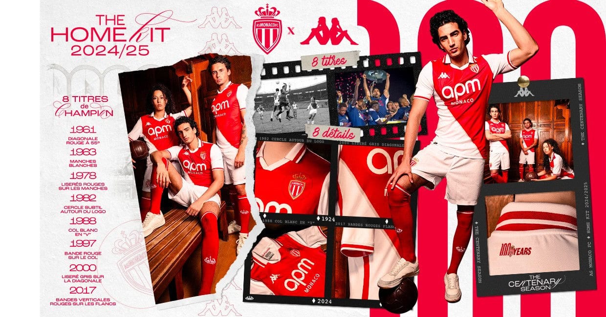 siYX6G0RsR9XZtI | AE JERSEY Collage poster for AS Monaco 2024/25 home kit with players in red and white, film-strip montage, crest, and sponsor logos.